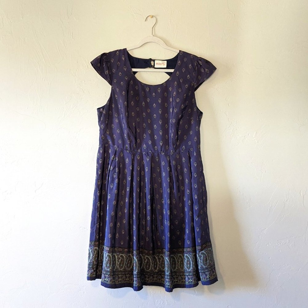 Navy Paisley A-Line Dress with Open Back